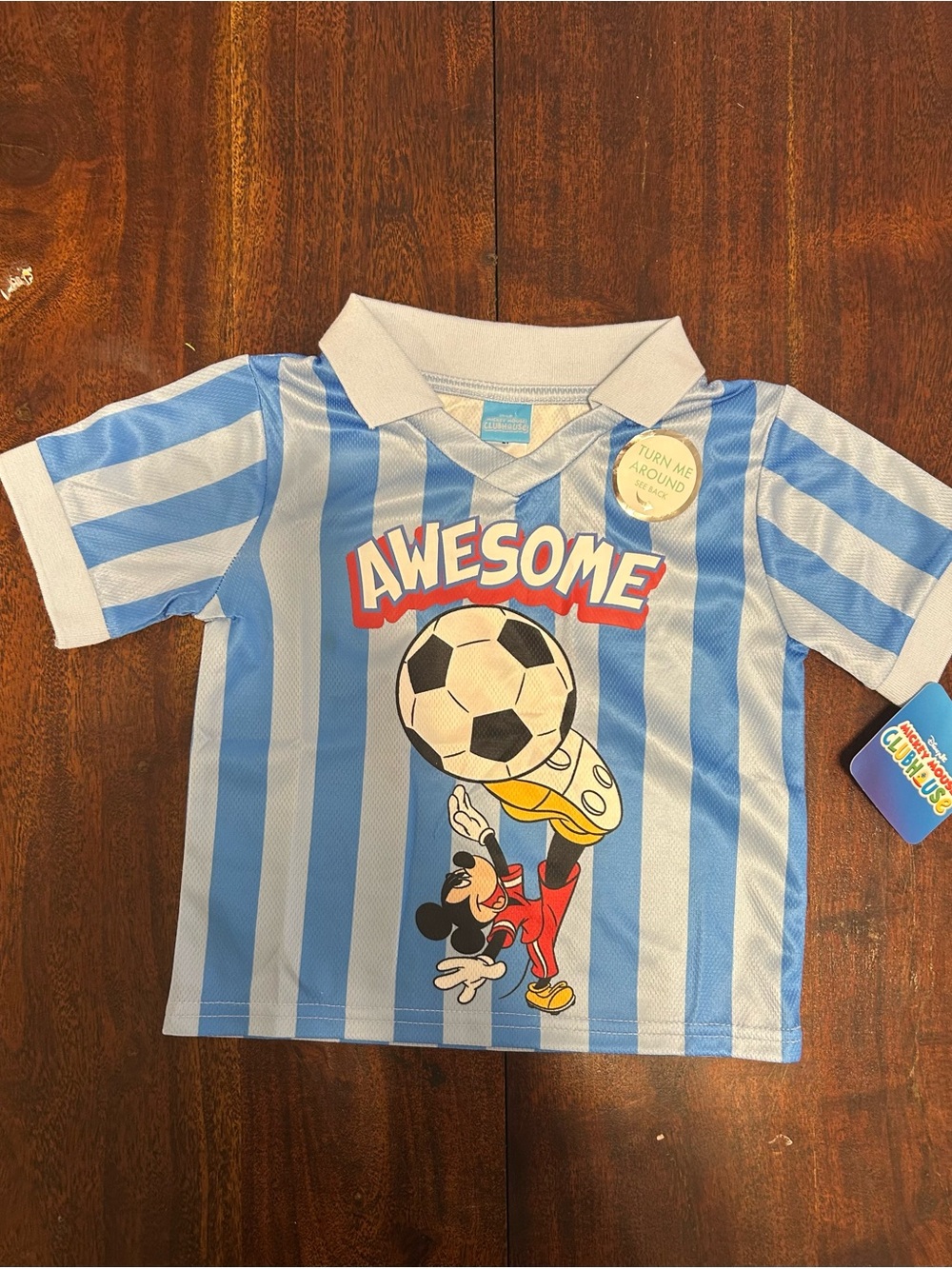 Disney Blue & White Striped 'Awesome' Soccer Tee with Mickey Graphic